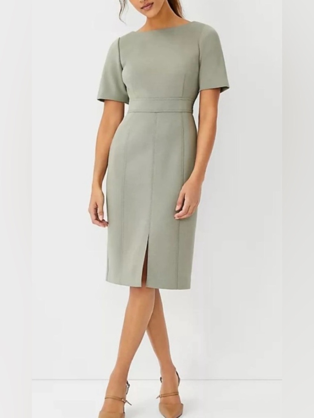 Ann Taylor Light Sage Midi Sheath business casual minimalist Dress with slit